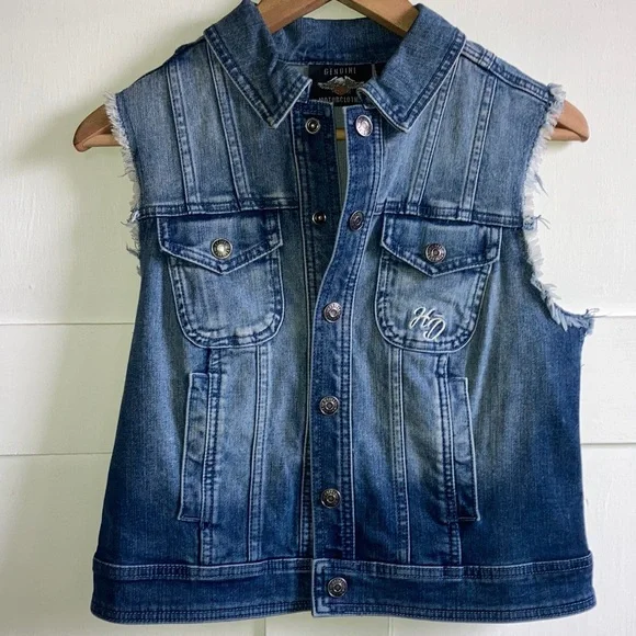 Harley Davidson Denim Vest Metal Stud American Flag No Sleeve Fringes XS - Picture 2 of 7